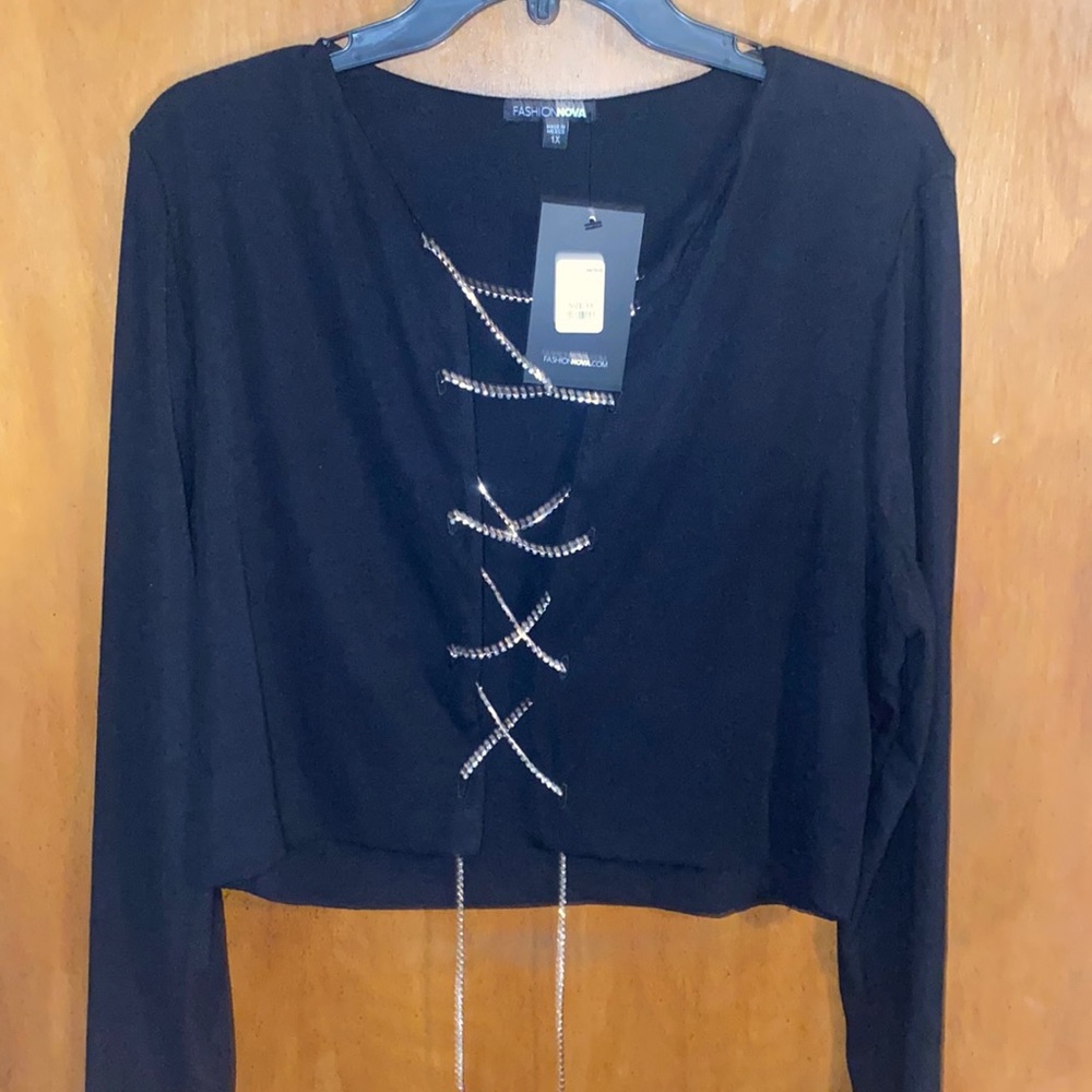 NWT Black Plus size Rhinestone Lace-up Crop Top